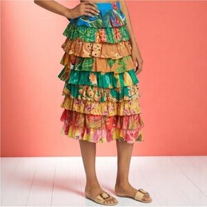 FARM Rio Cotton Ruffled Mixed Print Multicolor Midi Skirt